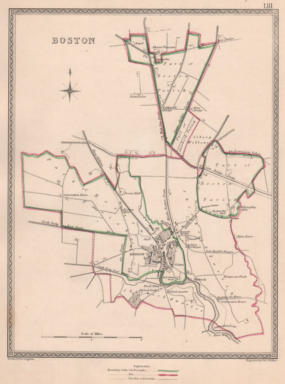 BOSTON town & borough plan. Lincolnshire. CREIGHTON/WALKER 1835 old map