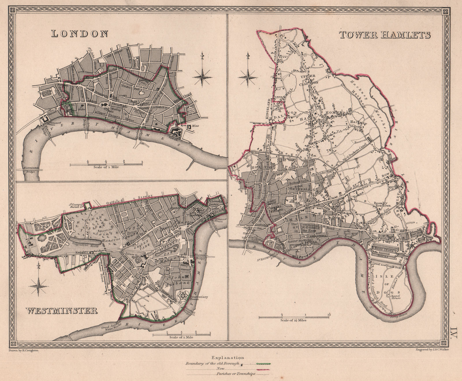 LONDON. City Westminster Tower Hamlets borough plans. CREIGHTON/WALKER 1835 map