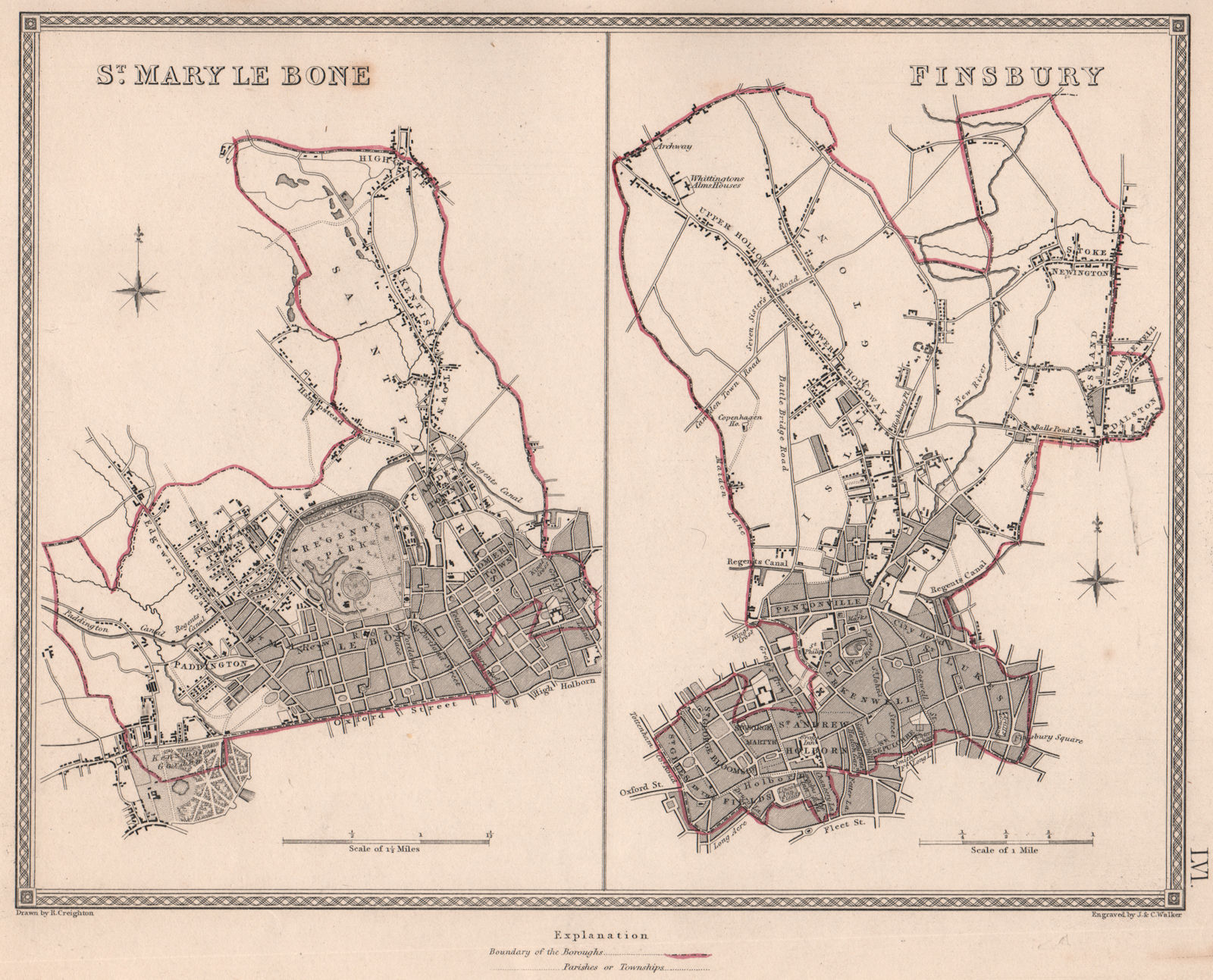 LONDON. St. Marylebone & Finsbury borough plans. CREIGHTON/WALKER 1835 old map