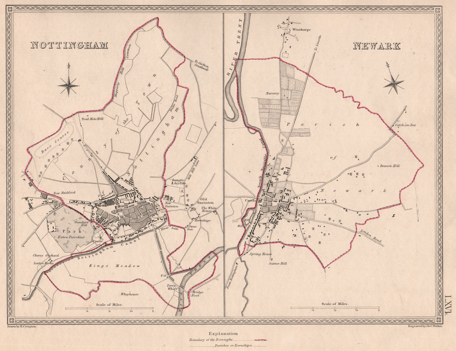 Associate Product NOTTINGHAMSHIRE TOWNS.Nottingham Newark borough plans.CREIGHTON/WALKER 1835 map