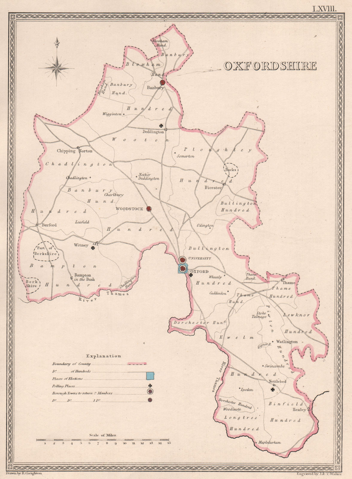 OXFORDSHIRE antique county map by CREIGHTON/WALKER. Electoral 1835 old