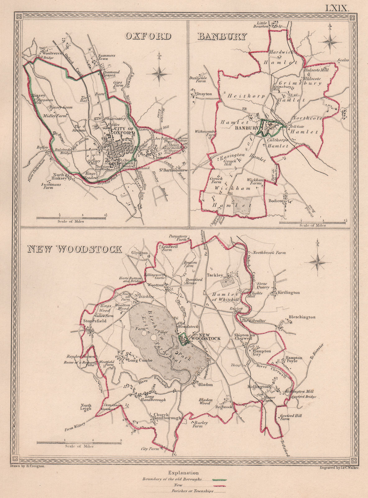 OXFORDSHIRE TOWNS. Oxford Banbury New Woodstock plans.CREIGHTON/WALKER 1835 map