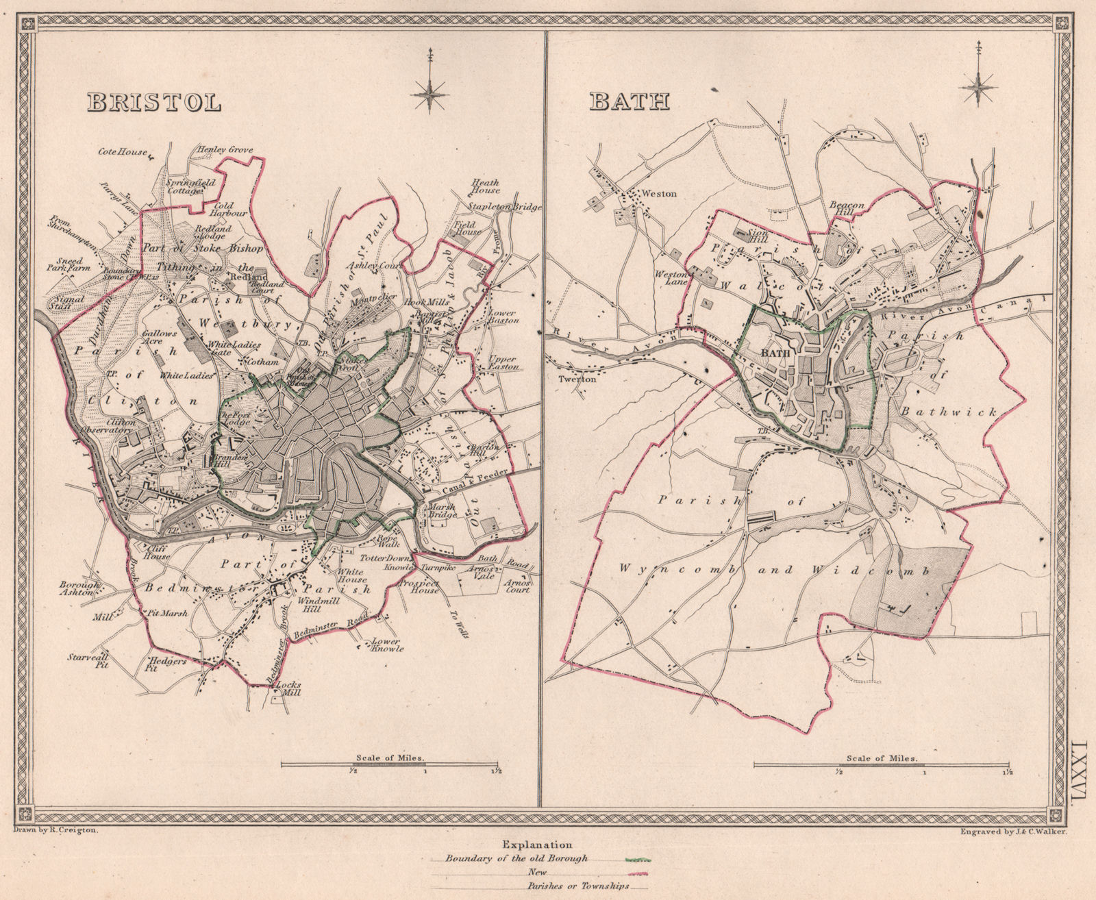 SOMERSET TOWNS. Bristol Bath borough plans. CREIGHTON/WALKER 1835 old map