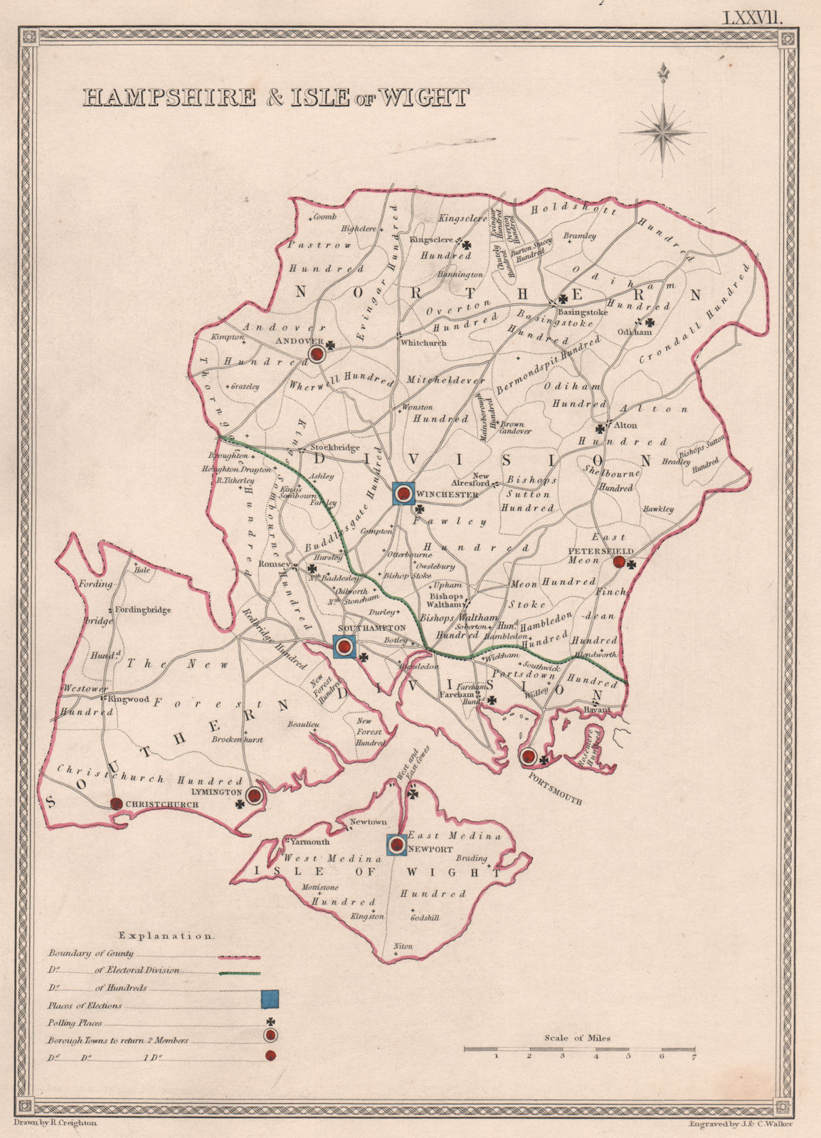 Associate Product HAMPSHIRE & ISLE OF WIGHT antique county map by CREIGHTON/WALKER. Electoral 1835
