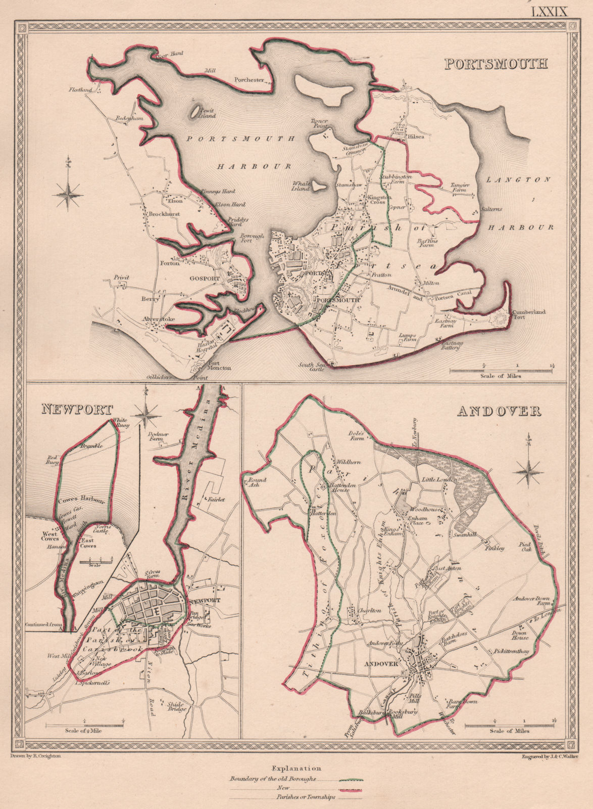 HAMPSHIRE TOWNS. Portsmouth Newport Andover plans. CREIGHTON/WALKER 1835 map
