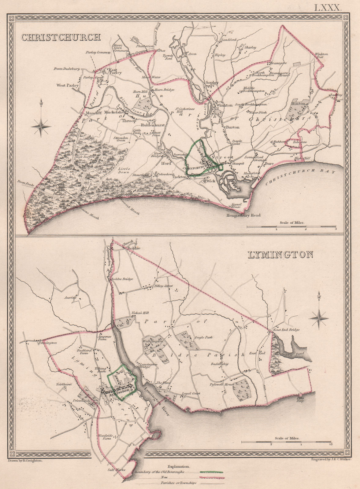 HAMPSHIRE TOWNS. Christchurch Lymington borough plans.CREIGHTON/WALKER 1835 map