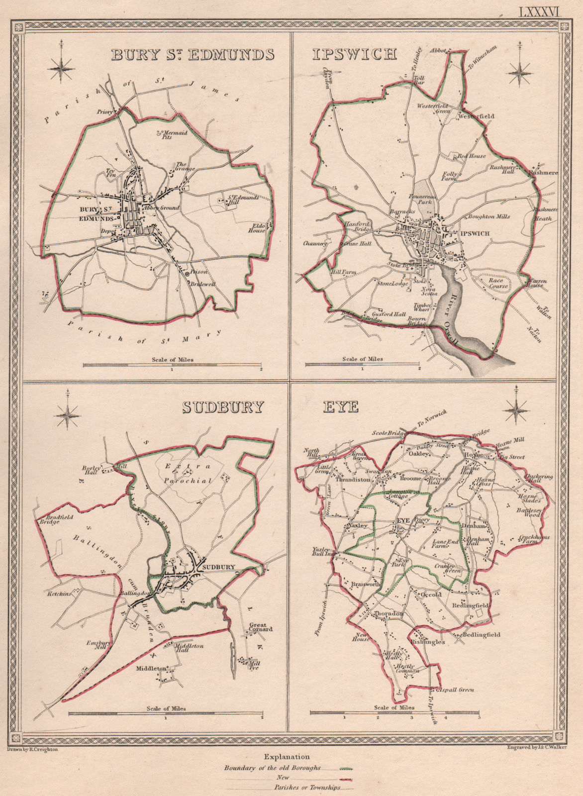 Associate Product SUFFOLK TOWNS. Bury St Edmunds Ipswich Sudbury Eye. CREIGHTON/WALKER 1835 map