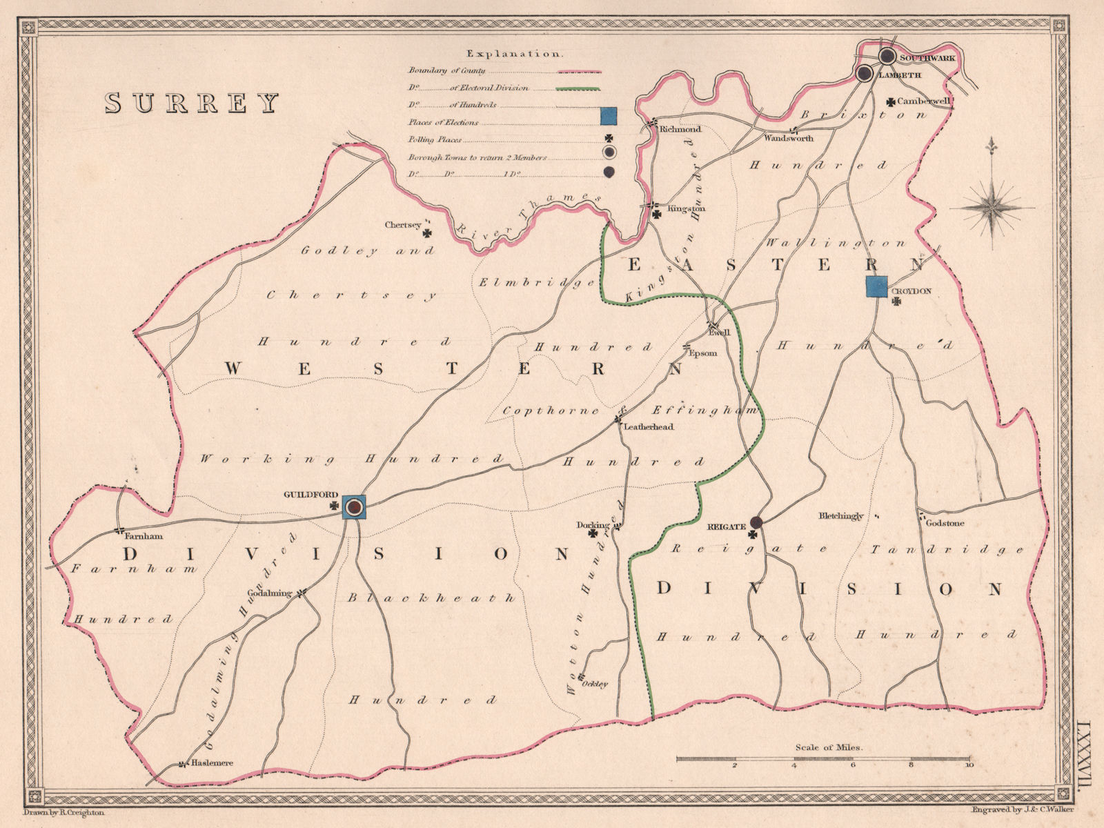 SURREY antique county map by CREIGHTON/WALKER. Electoral 1835 old