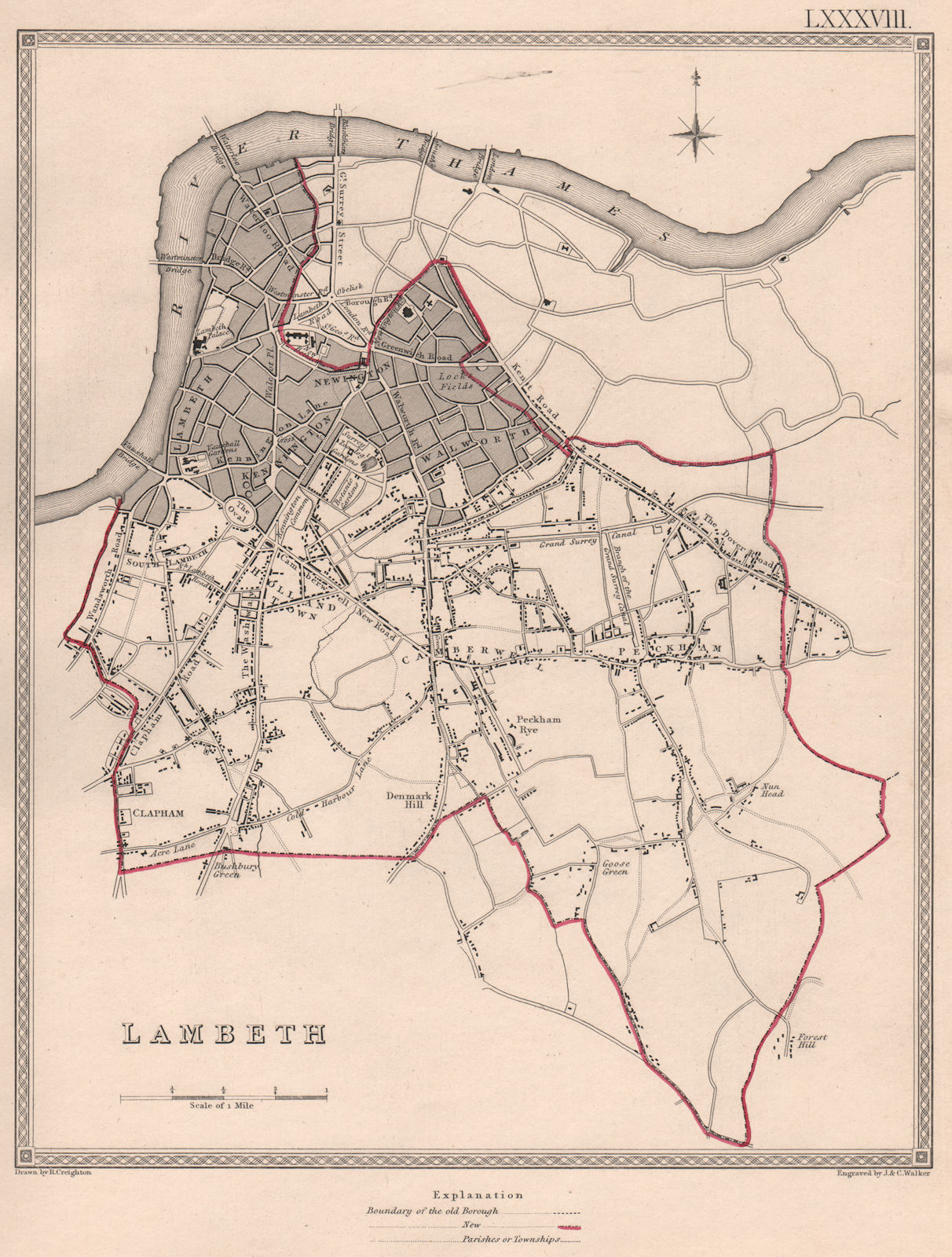 LAMBETH town city borough plan. London. CREIGHTON/WALKER 1835 old antique map