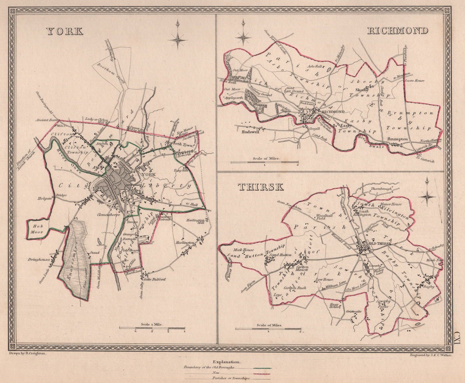 N YORKSHIRE TOWNS. York Richmond Thirsk borough plans.CREIGHTON/WALKER 1835 map