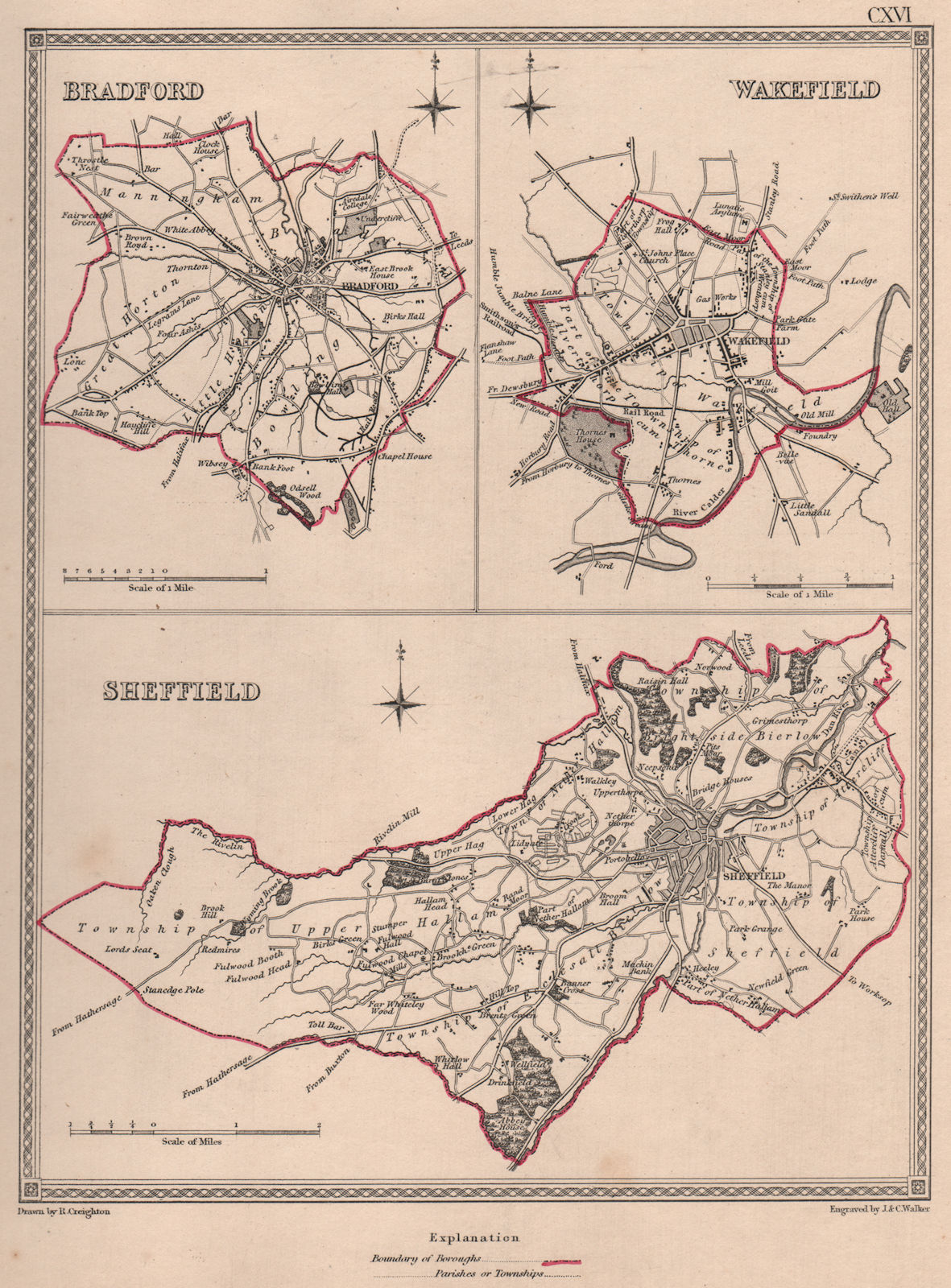 W YORKSHIRE TOWNS. Bradford Wakefield Sheffield plans.CREIGHTON/WALKER 1835 map