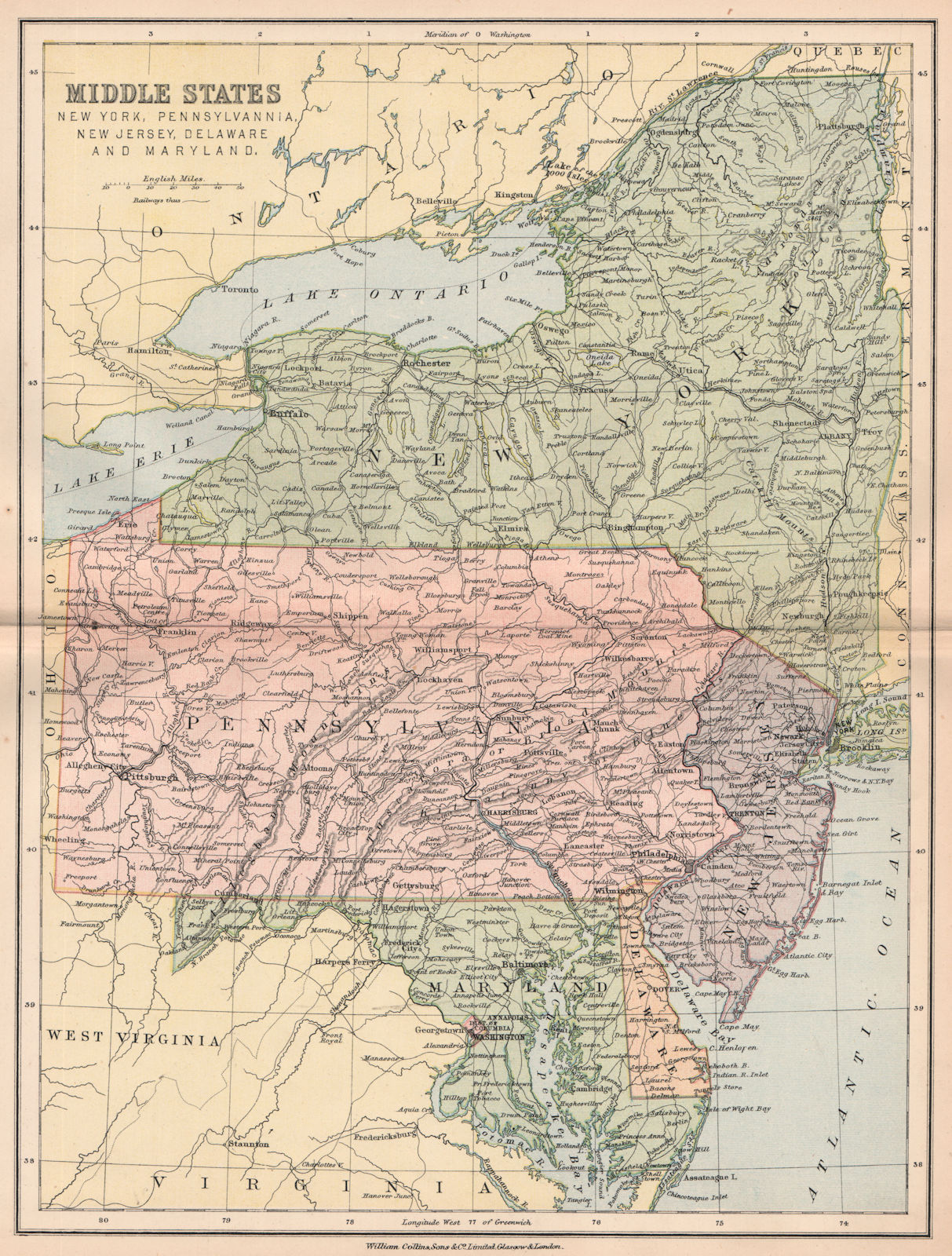Associate Product USA ATLANTIC STATES. New York Pennsylvannia New Jersey DE Maryland 1878 map