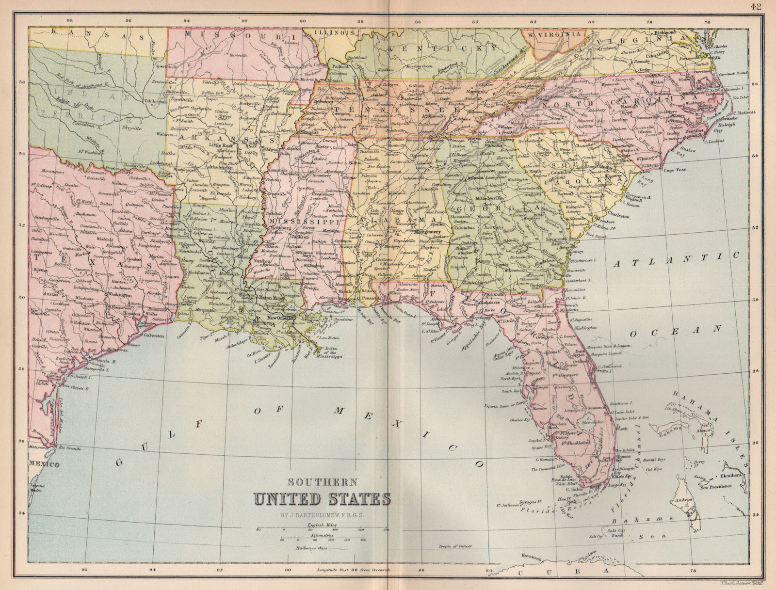 USA. 'Southern United States'. Bible belt. FL GA SC NC MS LA AL AR 1878 map