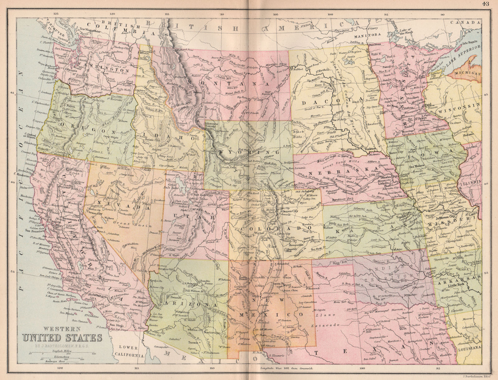 WESTERN USA. Pacific/Mountain states.Unified 'Dacota'.Indian territory 1878 map