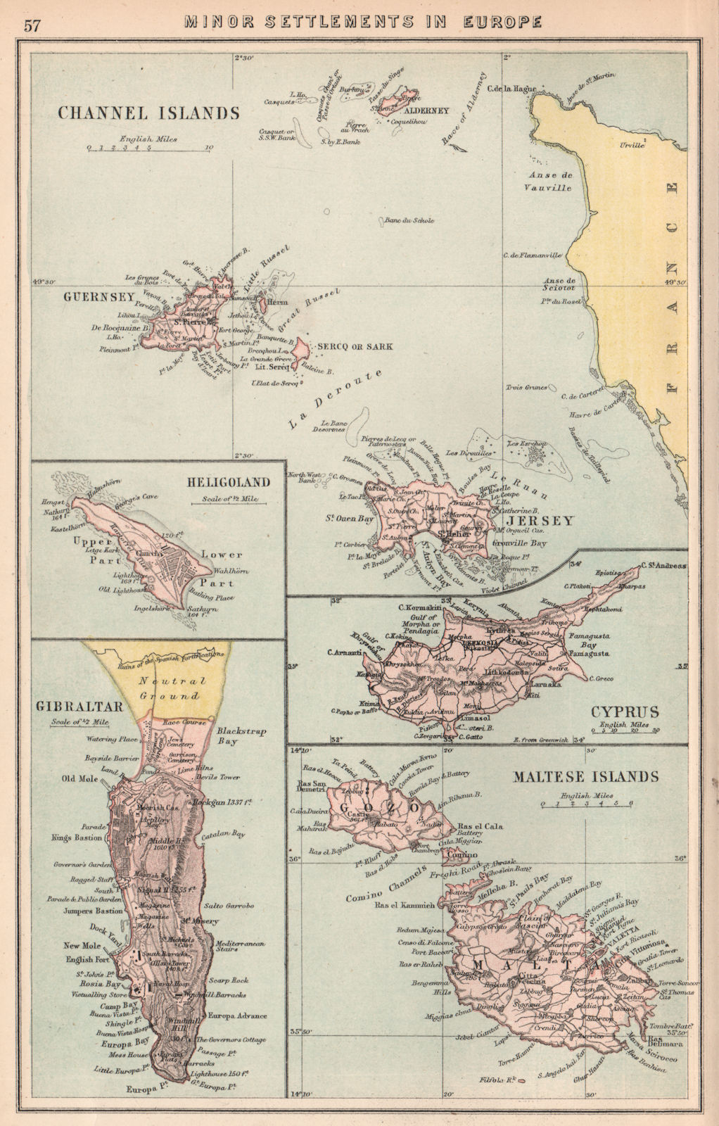 BRITISH EUROPEAN SETTLEMENTS. Jersey Heligoland Gibraltar Cyprus Malta 1878 map