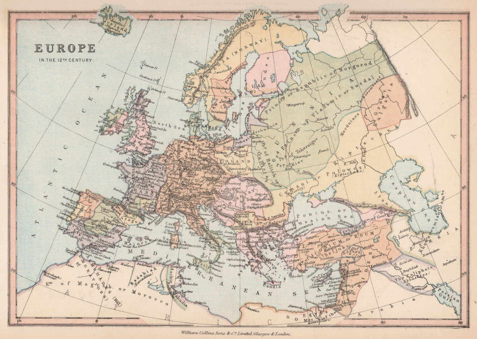 'Europe in the 12th Century'. BARTHOLOMEW 1878 old antique map plan chart