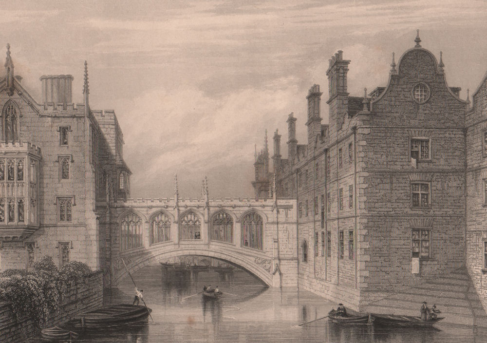 The New Bridge, ST. JOHN'S COLLEGE, Cambridge. LE KEUX 1841 old antique print