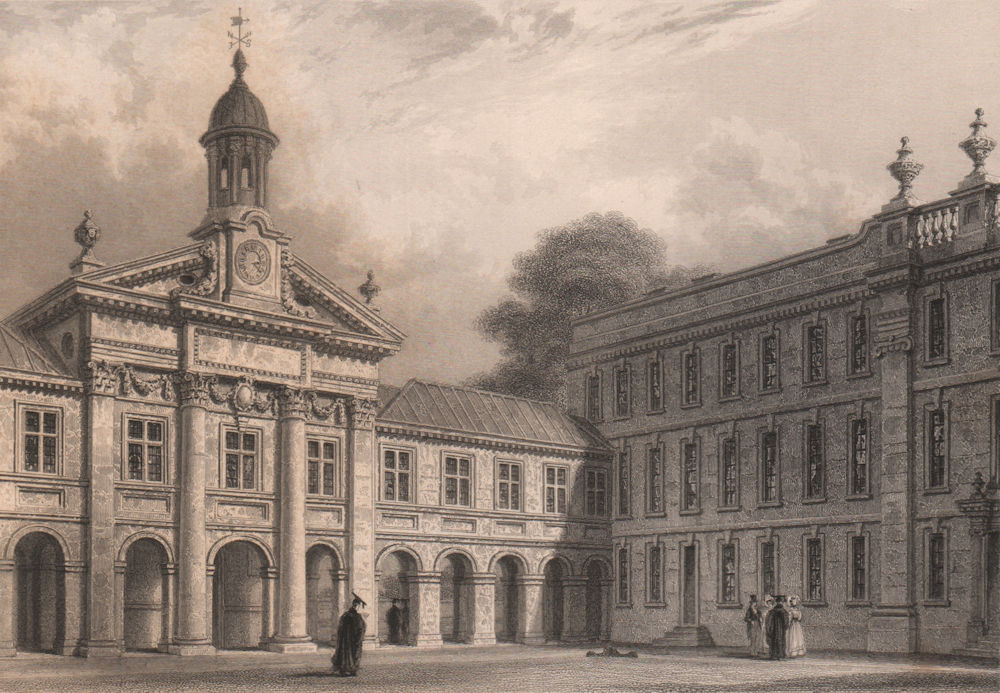 EMMANUEL COLLEGE. Showing the Chapel &c., Cambridge. LE KEUX 1841 old print