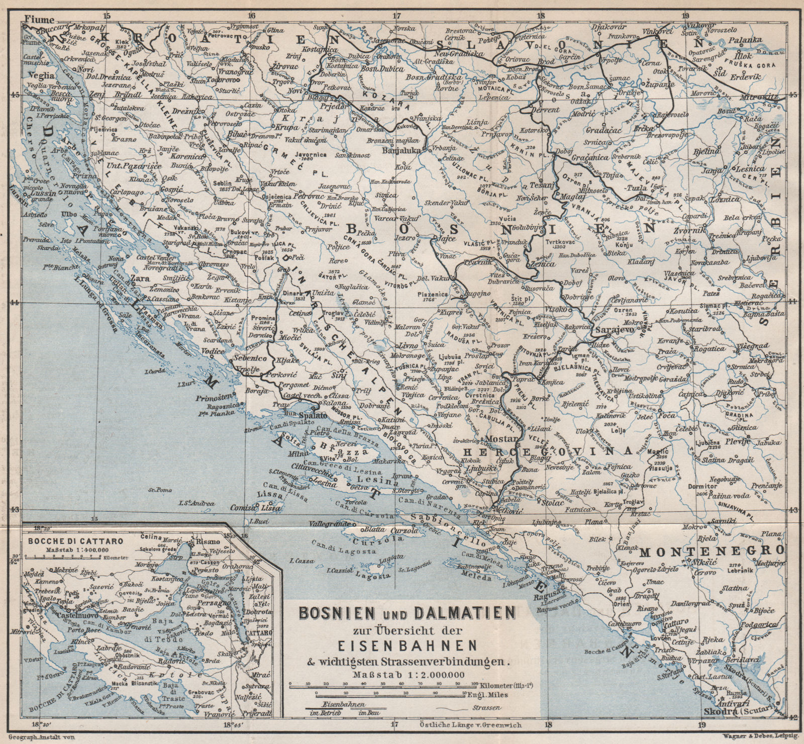 DALMATIA BOSNIA Croatia Montenegro. Railways. Gulf of Kotor/Cattaro 1896 map