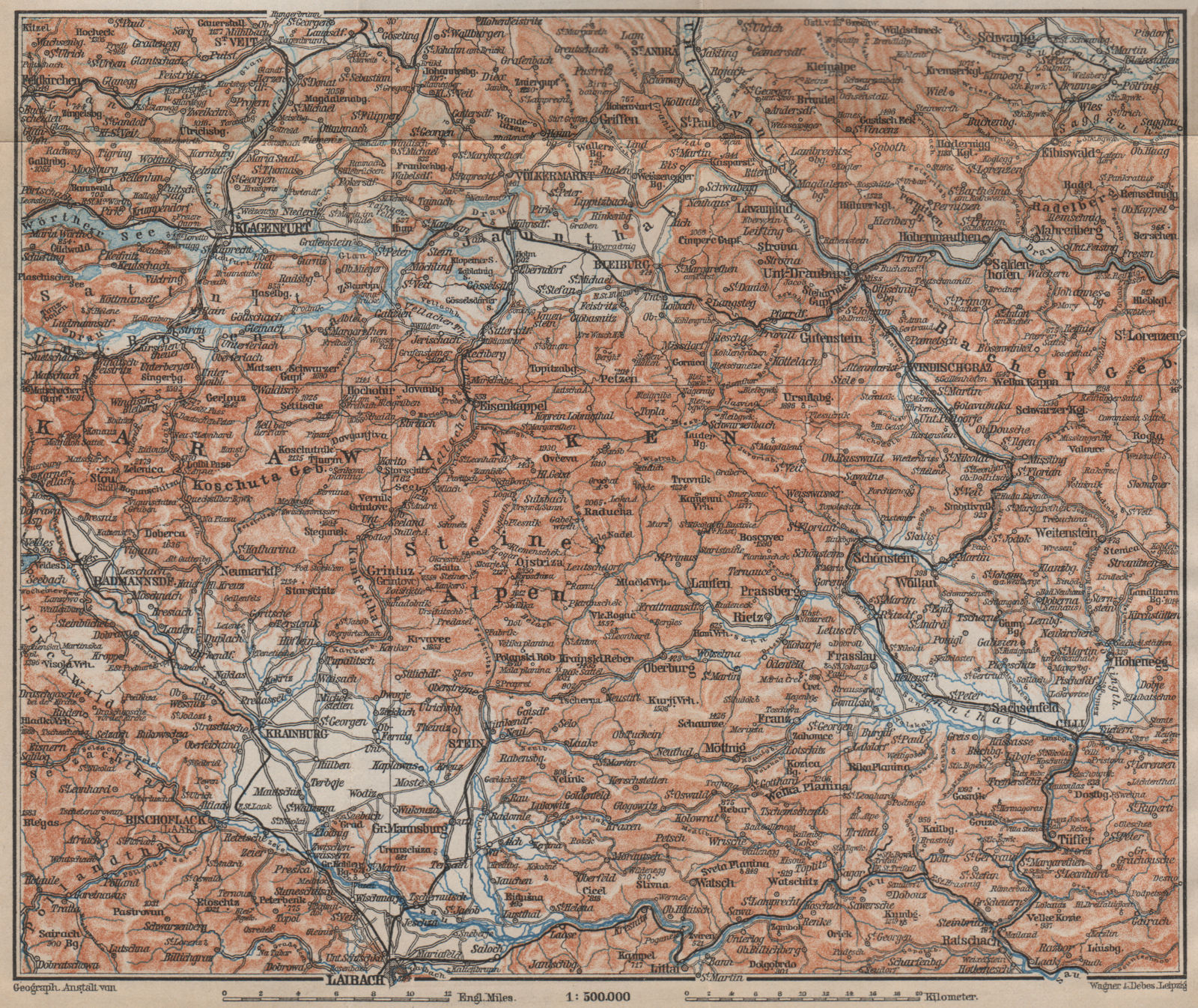 Associate Product KARAWANKEN & SANNTHALER ALPEN. Klagenfurt Ljubljana Kranj. Carinthia 1905 map