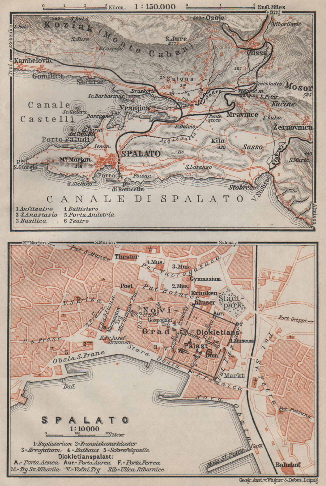 SPLIT (SPALATO) antique town city plan & environs. Croatia karta 1905 old map