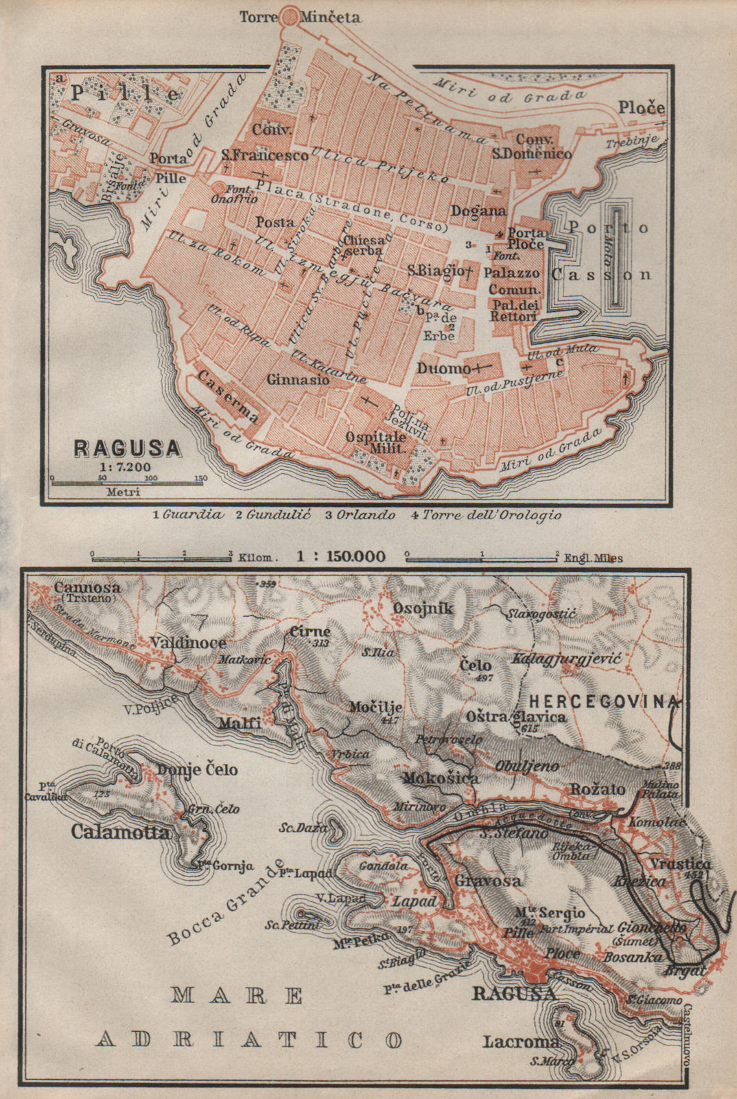 DUBROVNIK (RAGUSA) town city plan & environs. Calamotta. Croatia karta 1905 map