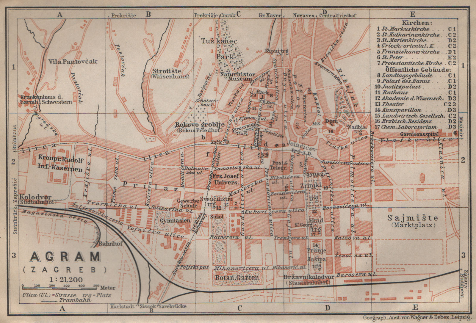 ZAGREB (AGRAM) antique town city plan grada. Croatia karta. BAEDEKER 1905 map
