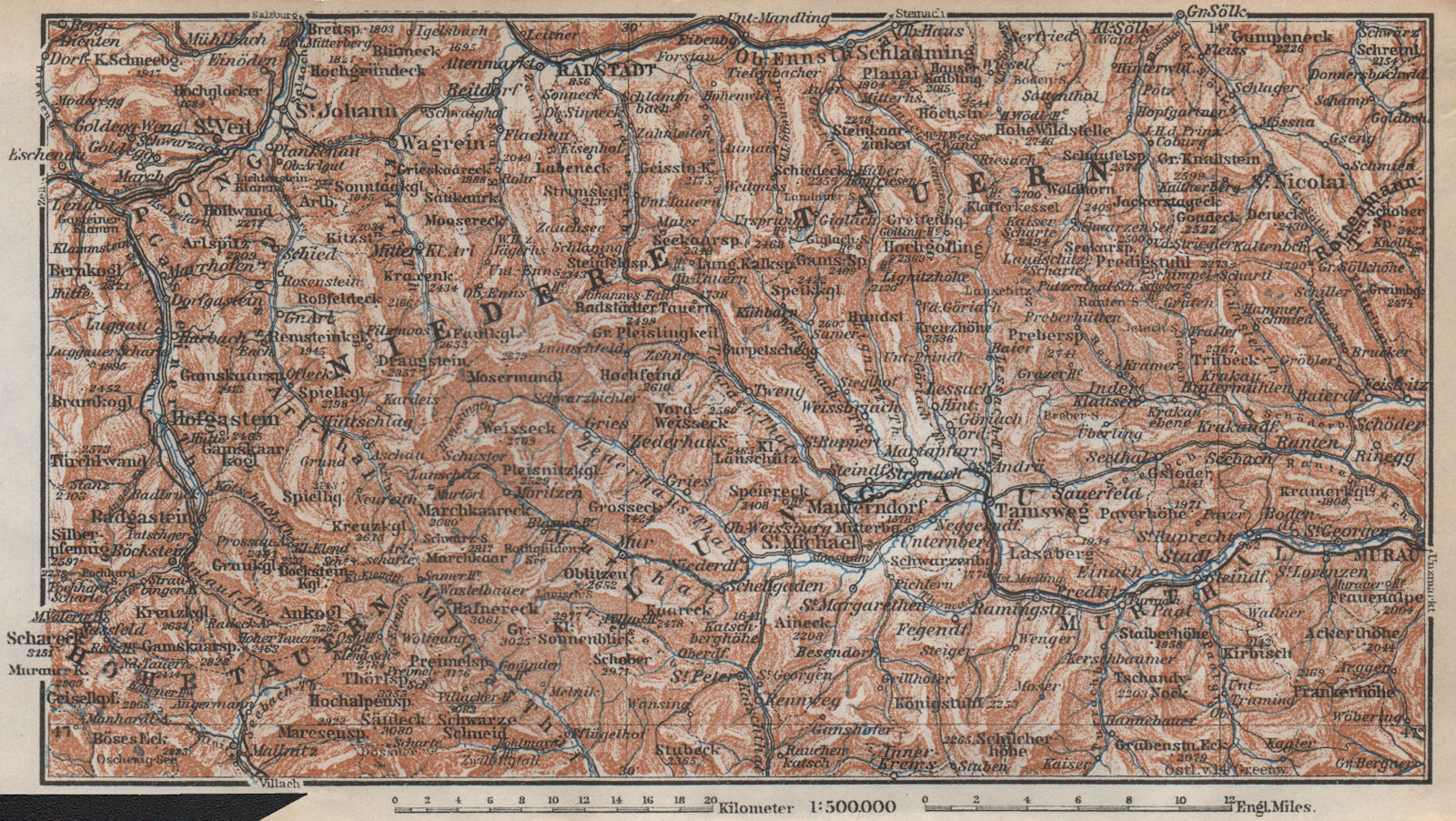 NIEDERE TAUERN & LUNGAU. Bad Gastein Wagrain Obertauern Schladming 1929 map