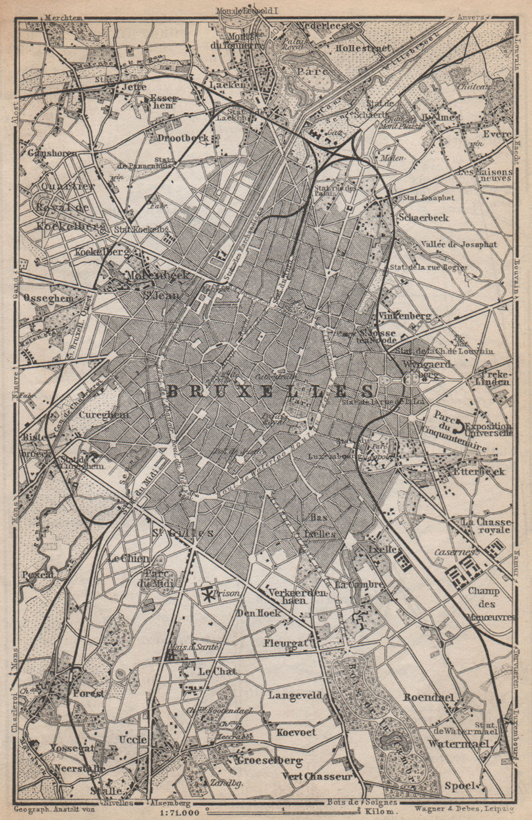 BRUSSELS BRUXELLES BRUSSEL environs plan. Belgium carte. BAEDEKER 1897 old map
