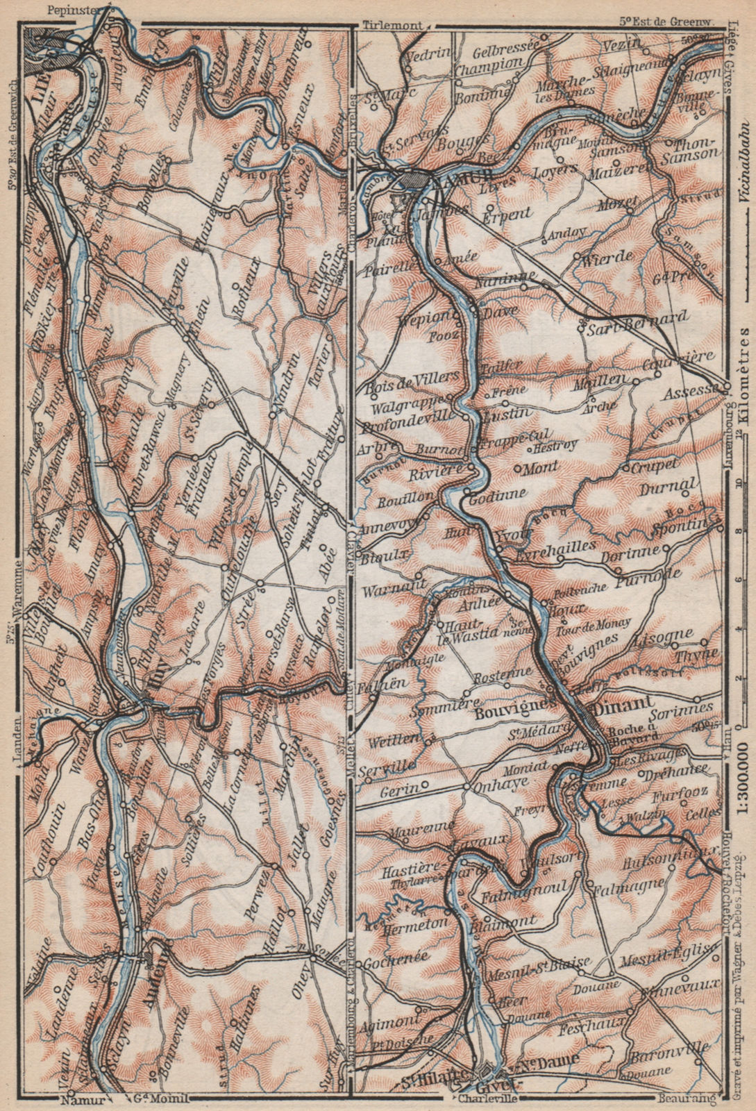 Associate Product MEUSE/MAAS RIVER. Givet-Liège-Namur-Dinant. Belgium carte. BAEDEKER 1897 map