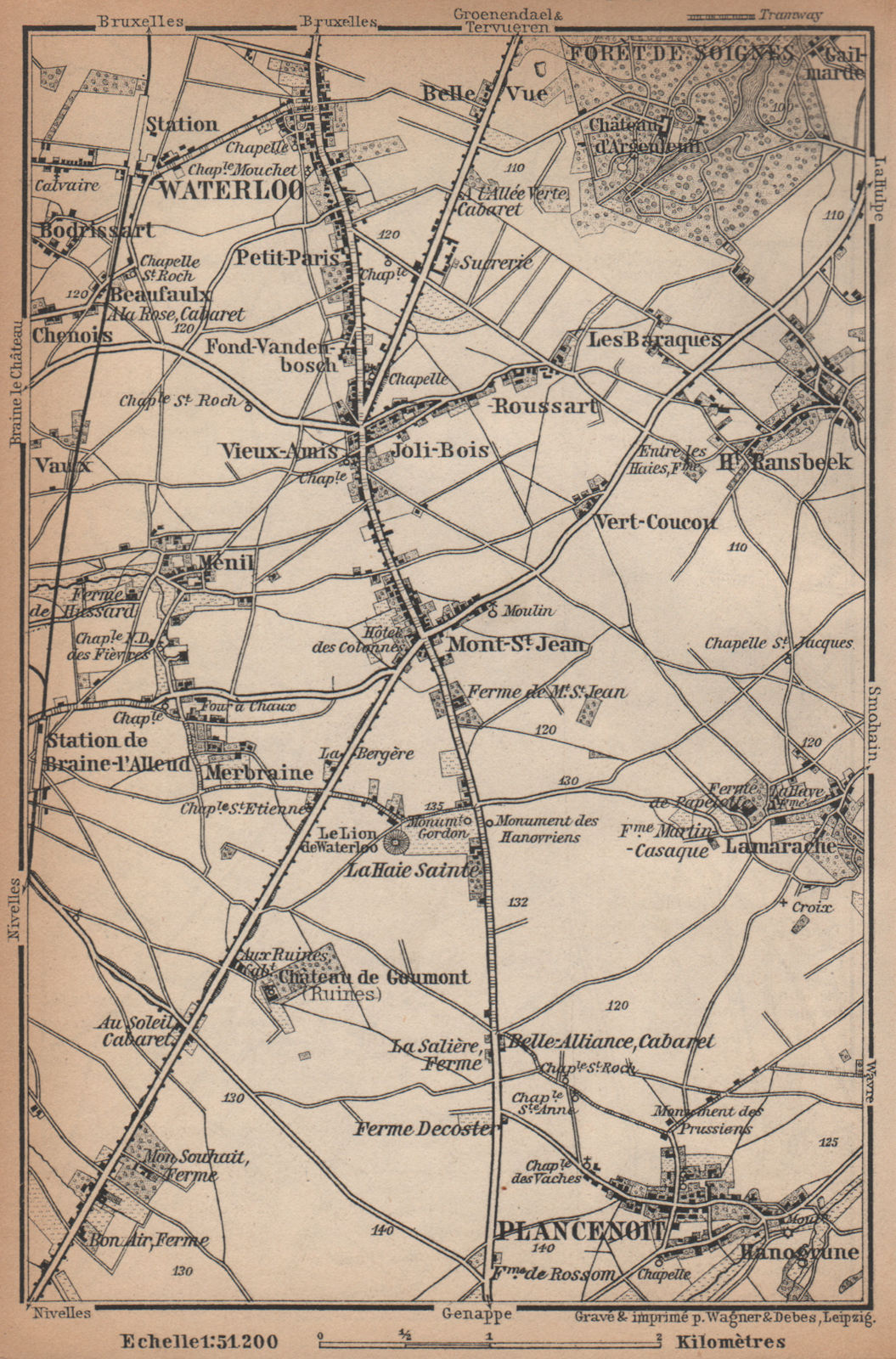 Associate Product THE BATTLEFIELD OF WATERLOO. Plancenoit. Belgium carte. BAEDEKER 1901 old map