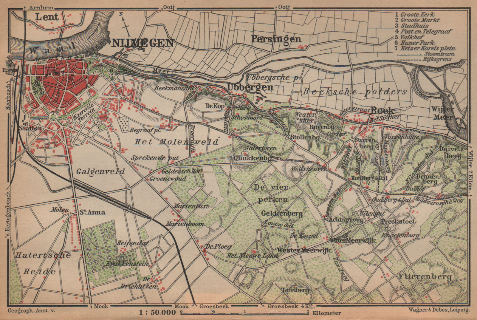 NIJMEGEN environs. Beek Ubbergen Lent. Netherlands kaart. BAEDEKER 1901 map