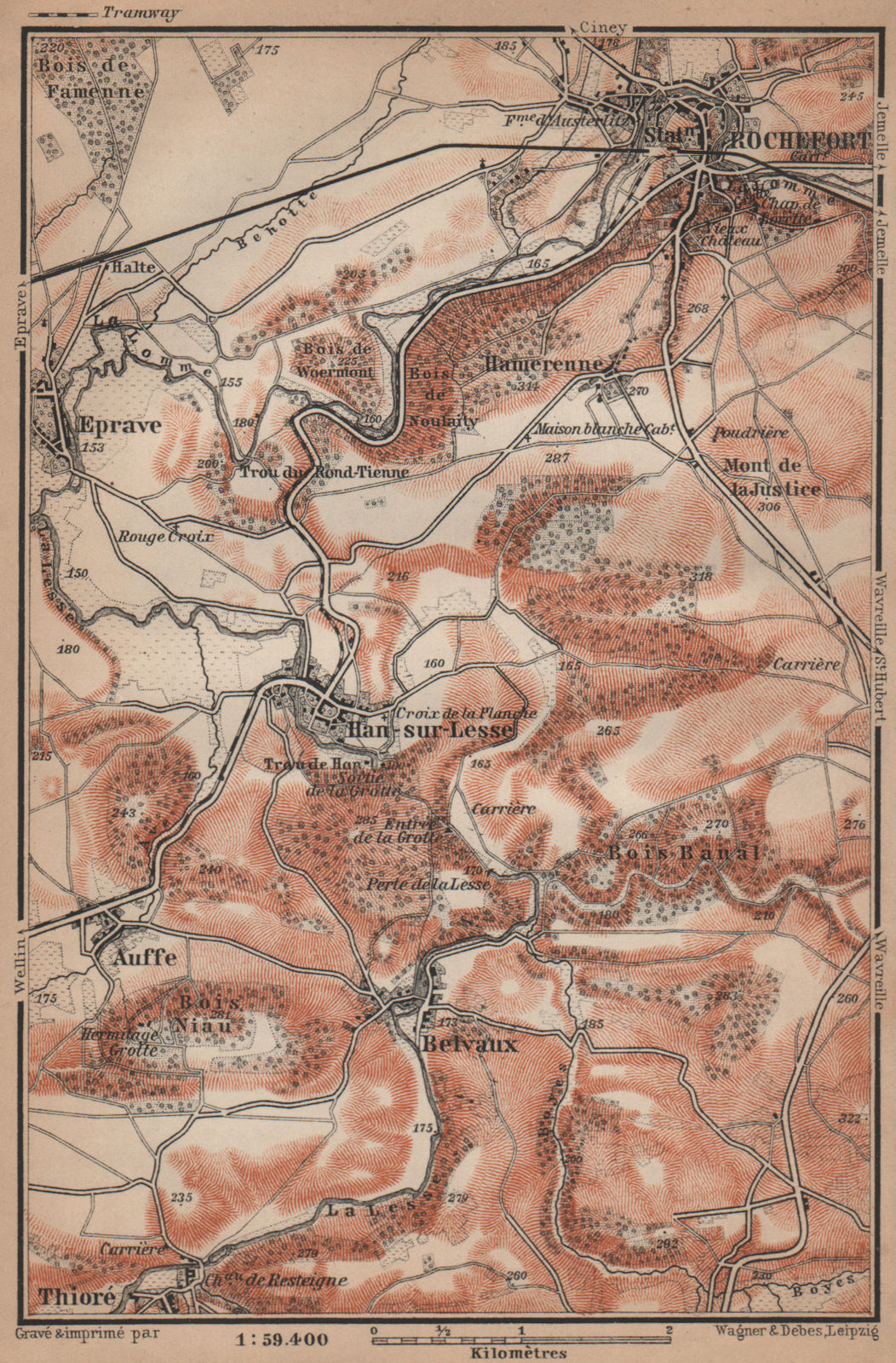 Associate Product ROCHEFORT & HAN-SUR-LESSE environs. Auffe Belvaux Eprave. Belgium 1905 old map