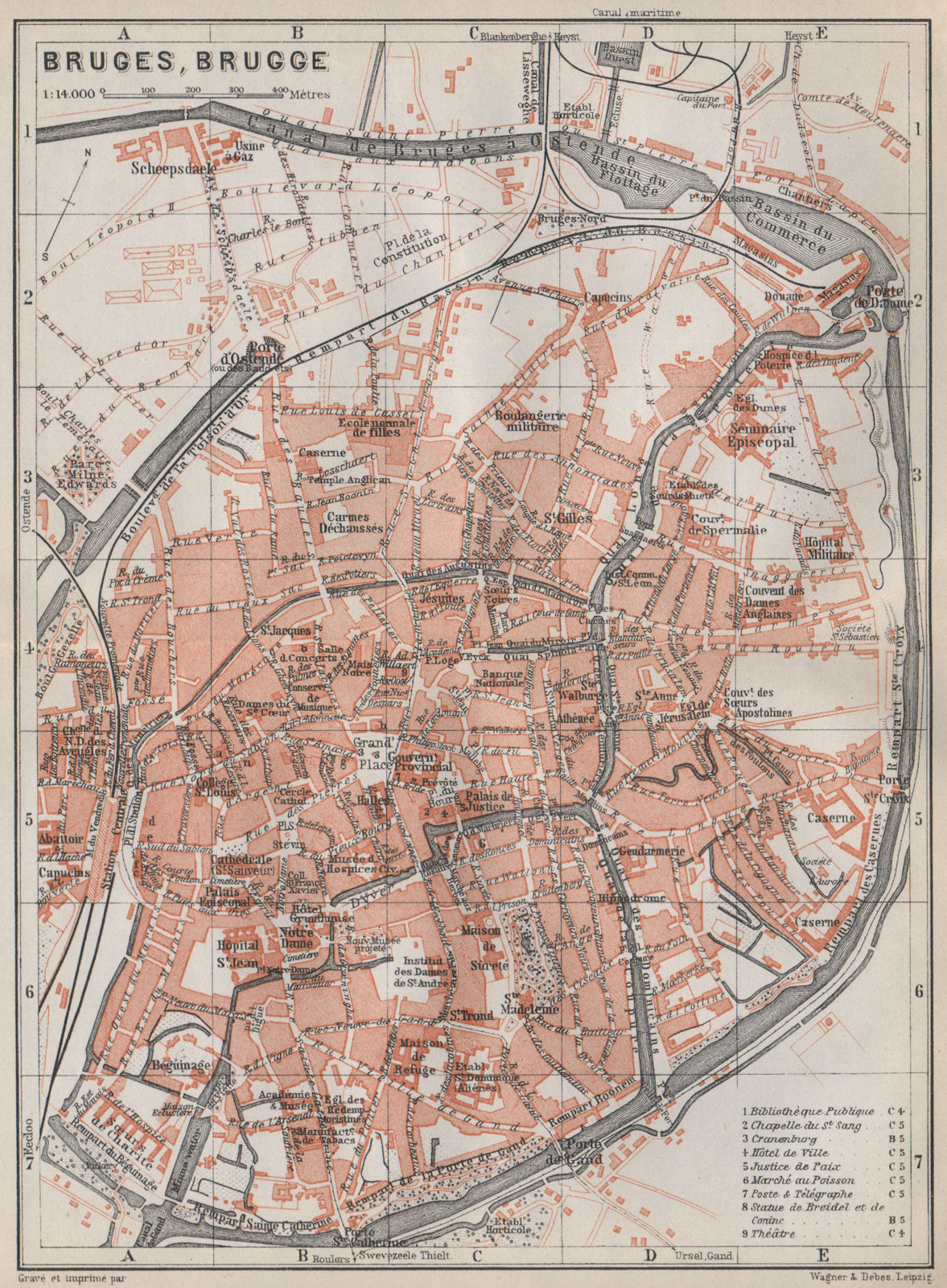 BRUGES BRUGGE antique town city plan. Belgium carte. BAEDEKER 1910 old map