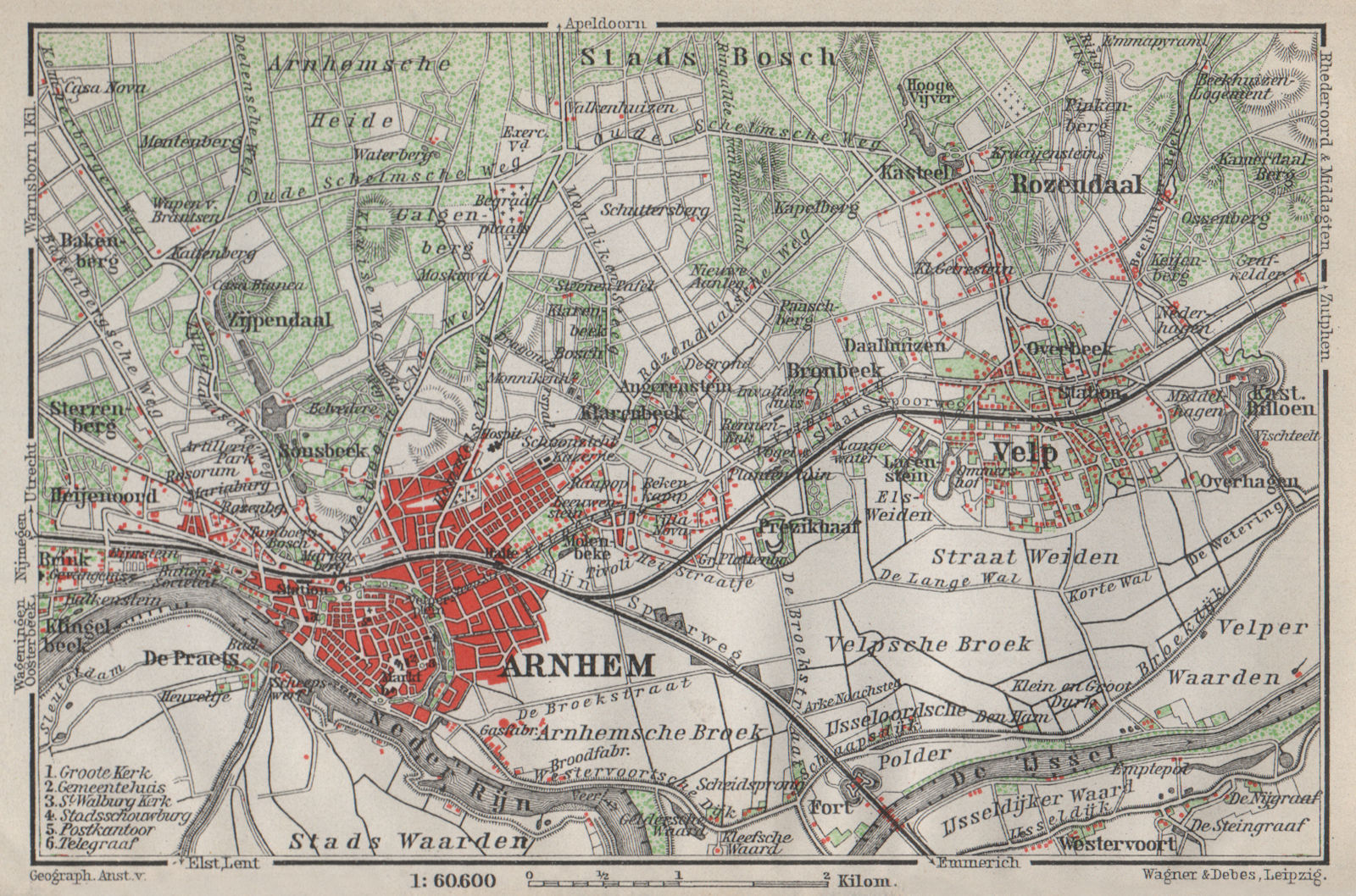 ARNHEM ENVIRONS. Velp. Netherlands kaart. BAEDEKER 1910 old antique map chart
