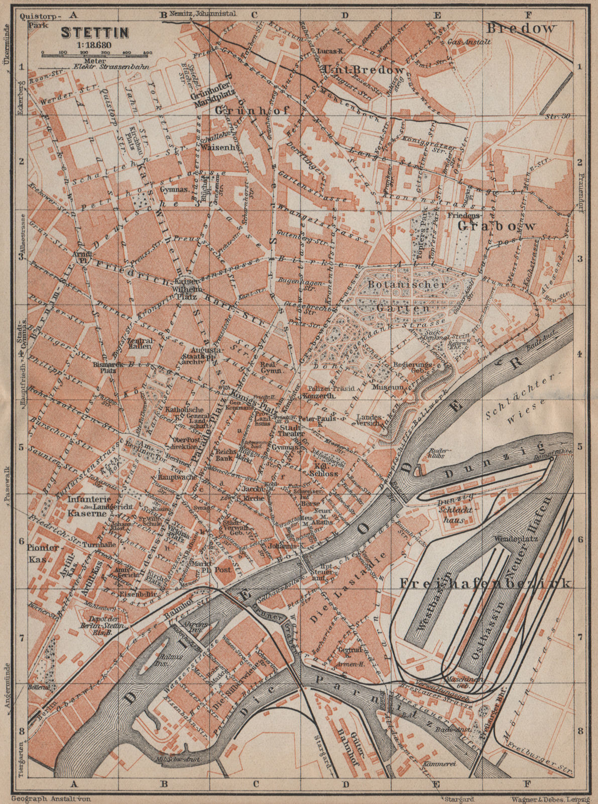 STETTIN SZCZECIN antique town city plan miasta. Poland mapa. BAEDEKER 1913
