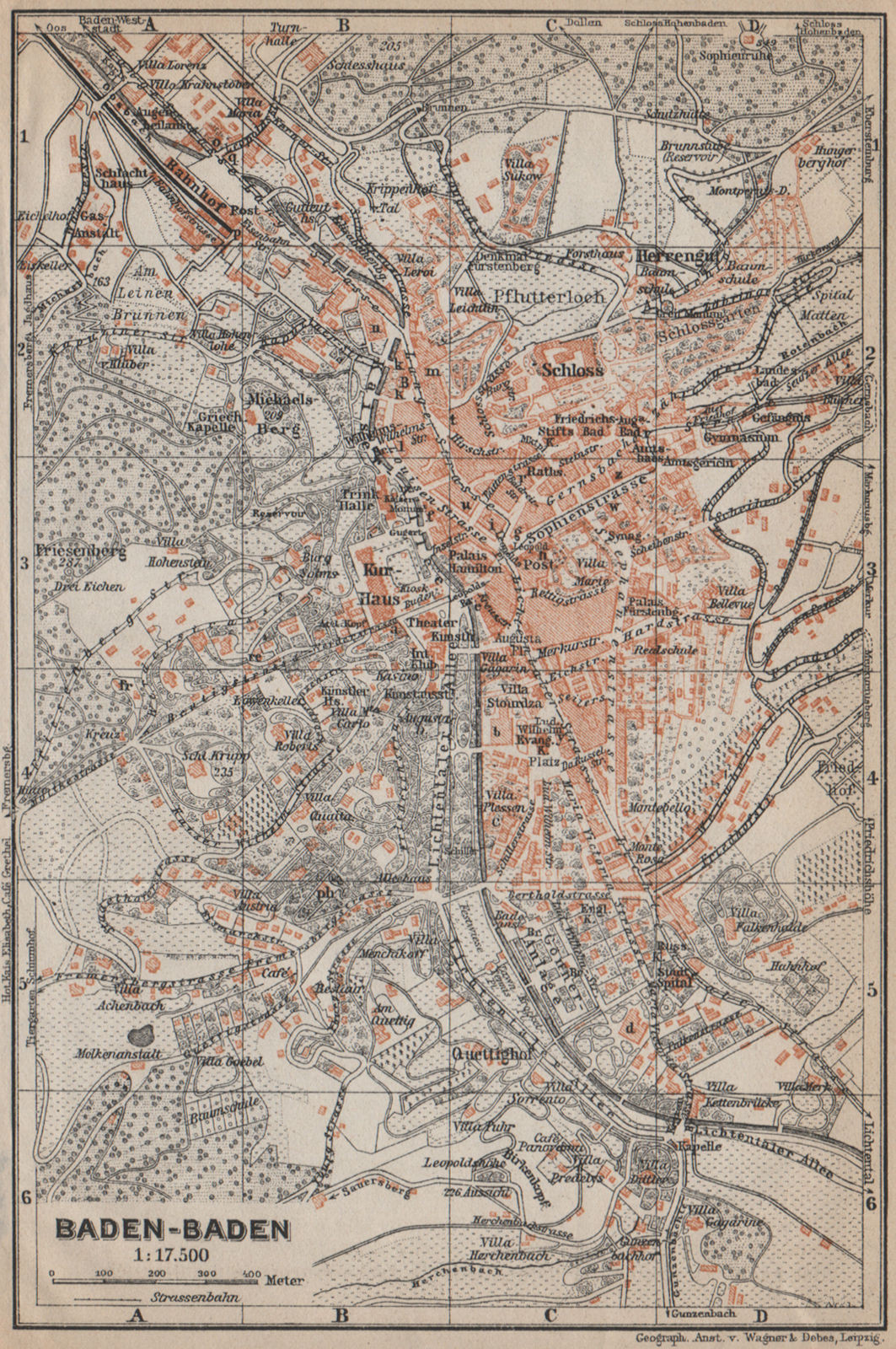 BADEN-BADEN town city stadtplan & environs/umgebung. Germany karte 1913 map