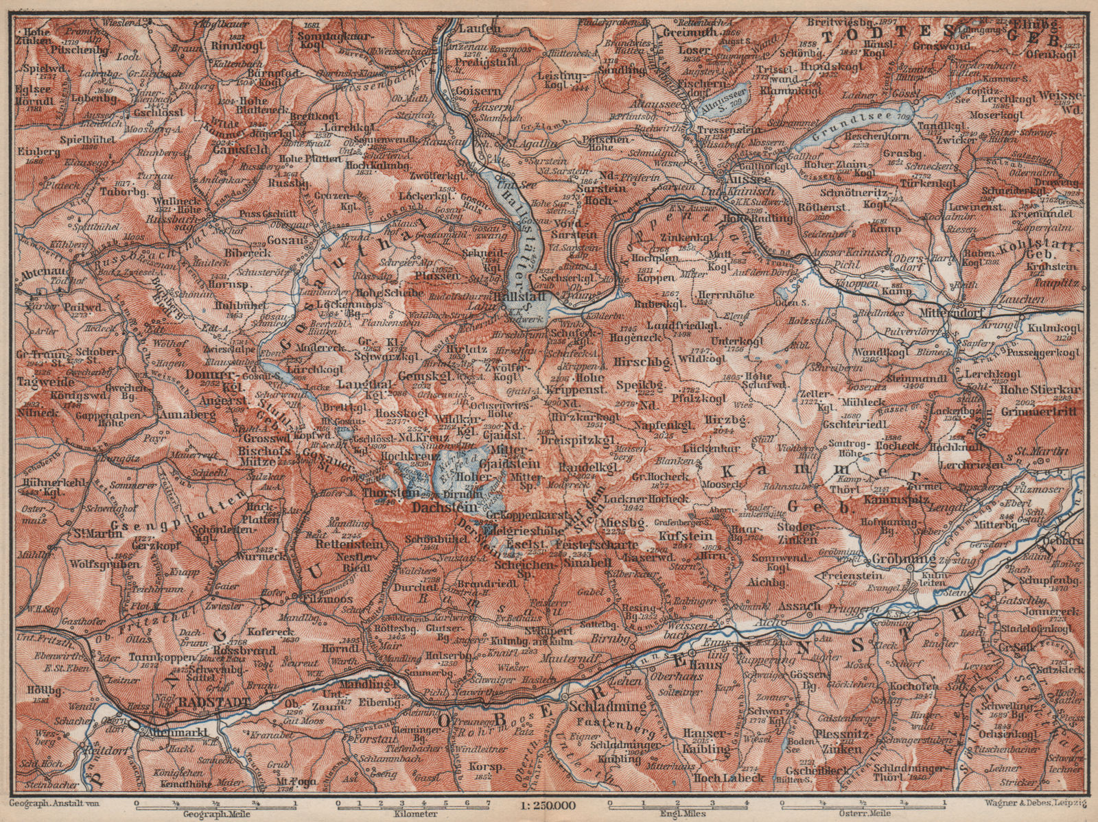 Associate Product SOUTH SALZKAMMERGUT. Bad Aussee Dachstein Schladming Mitterndorf karte 1899 map