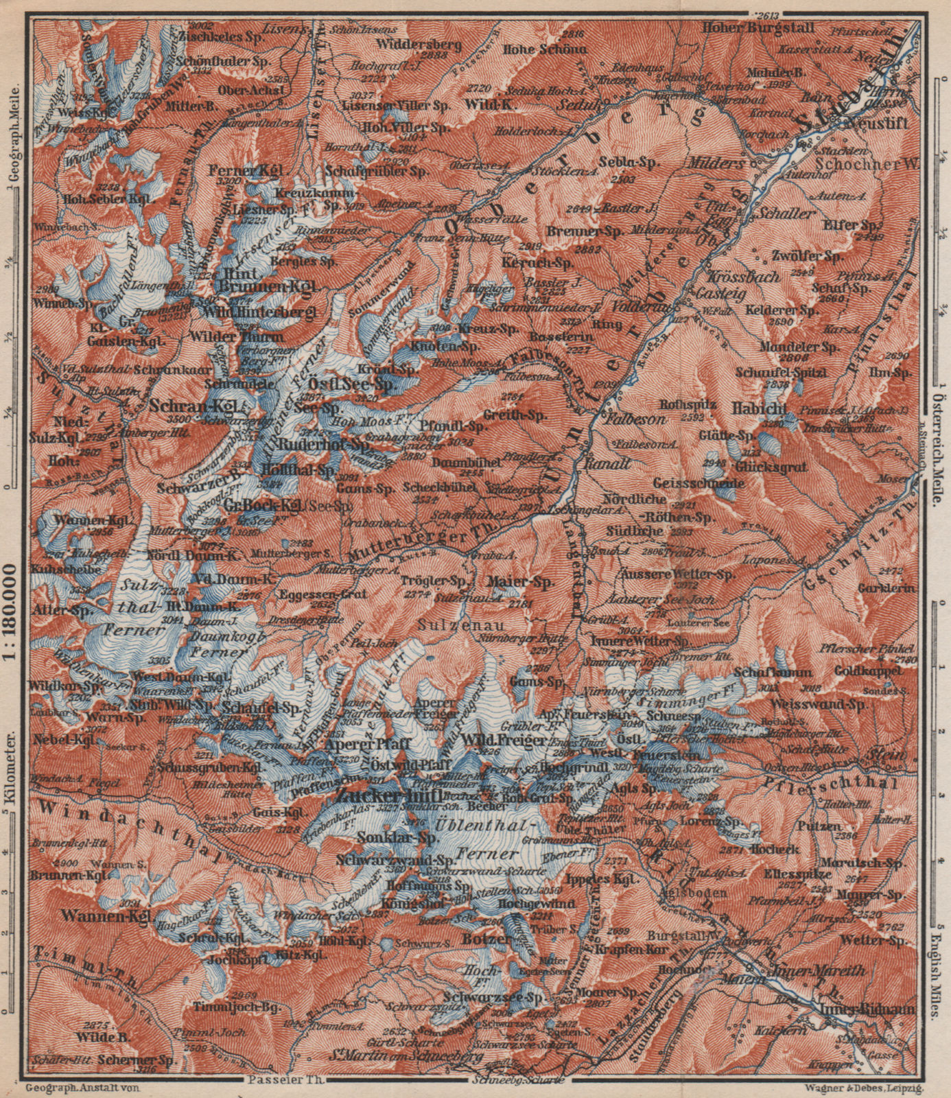 STUBAI ALPS Stubaier Alpen. Neustift im Stubaital Tirol Tyrol topo-map 1899