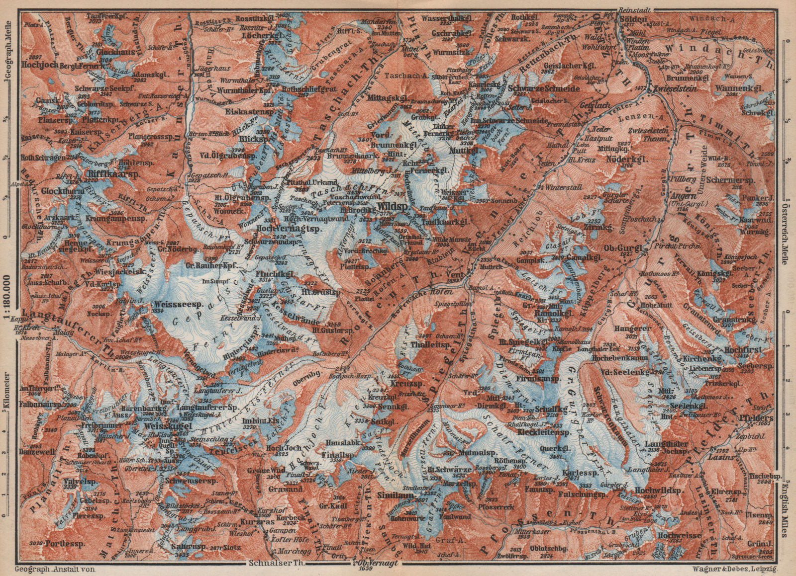 UPPER ÖTZTAL Solden Obergurgl Wildspitze Tyrol Tirol topo-map. Austria 1899