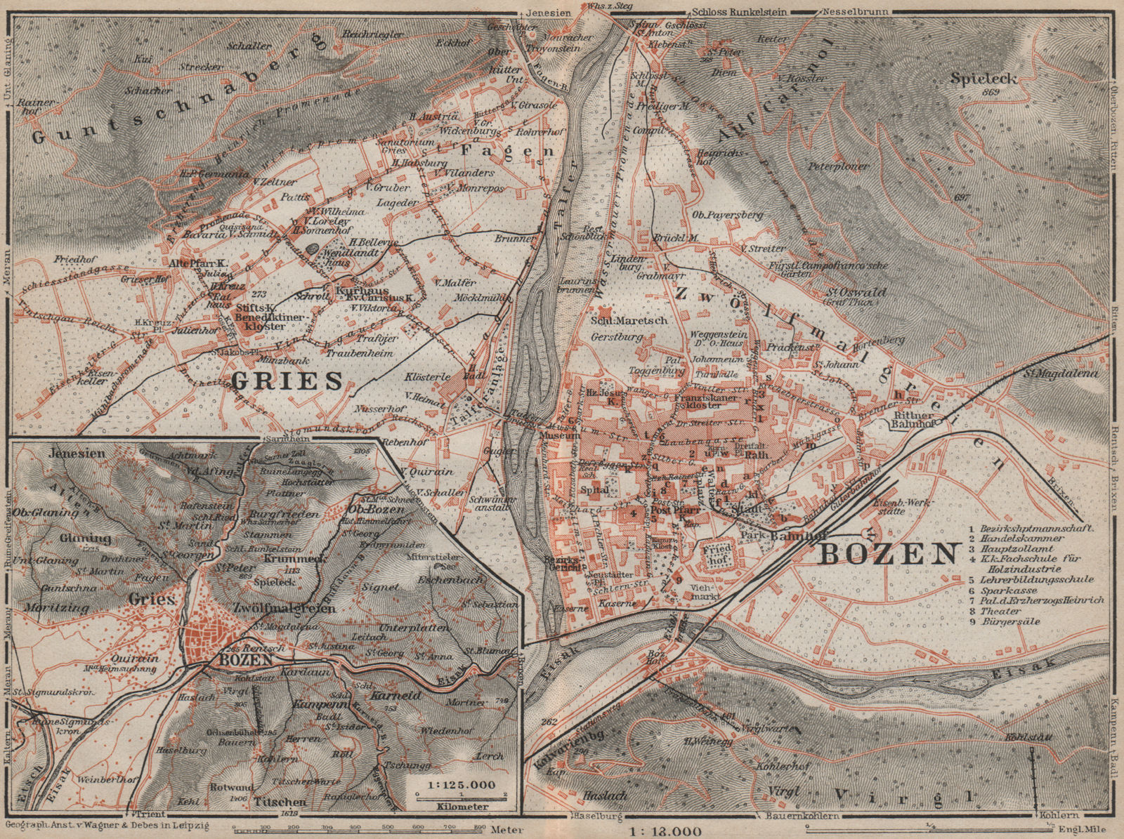 Associate Product BOLZANO (BOZEN) environs. Gries. town city plan. Italy mappa. BAEDEKER 1911