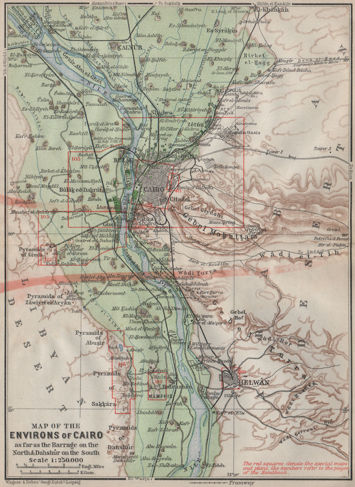 NILE VALLEY / CAIRO ENVIRONS. Memphs Helwan. Egypt. BAEDEKER 1914 old map