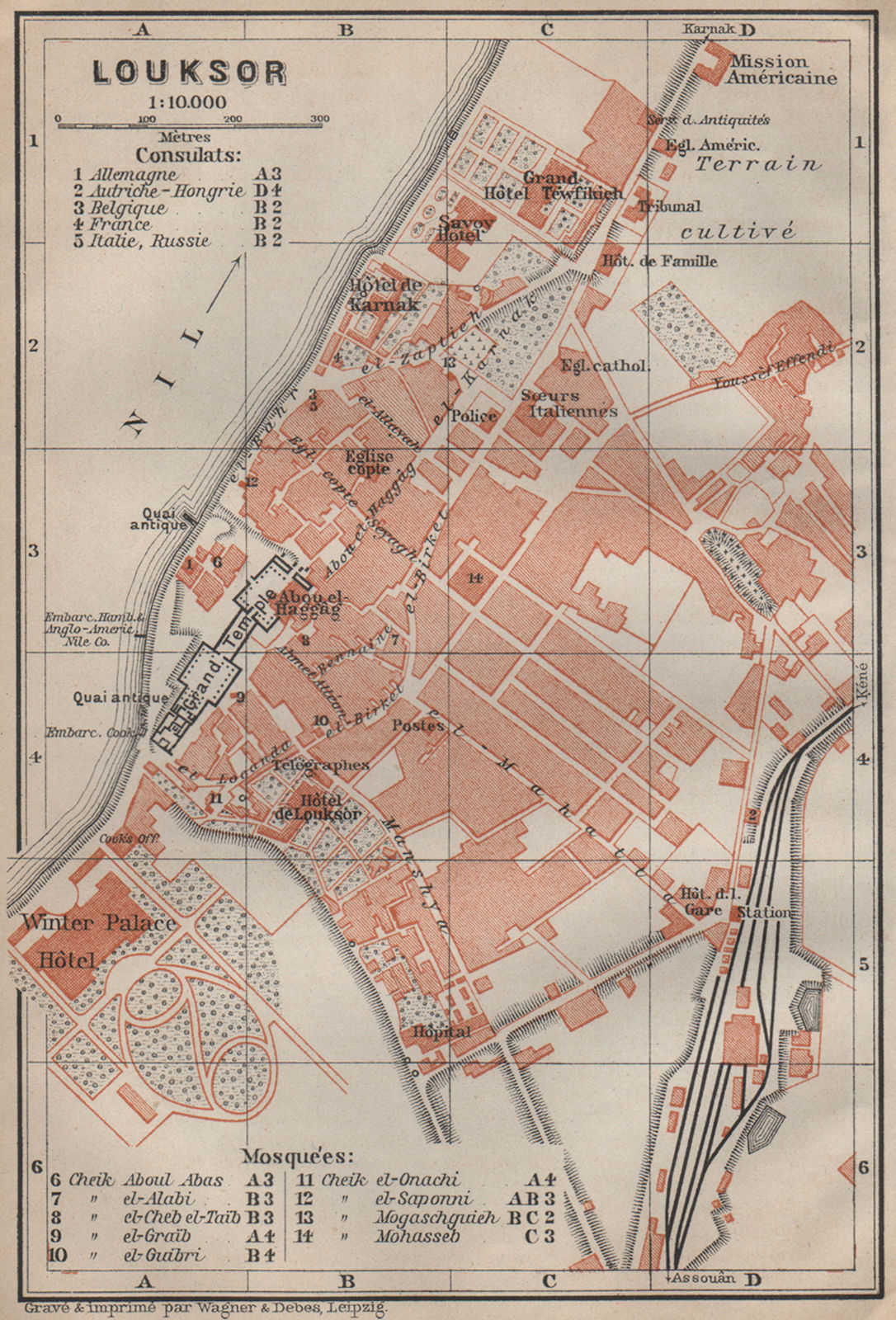 LUXOR antique town city plan. Egypt. BAEDEKER 1914 old map chart