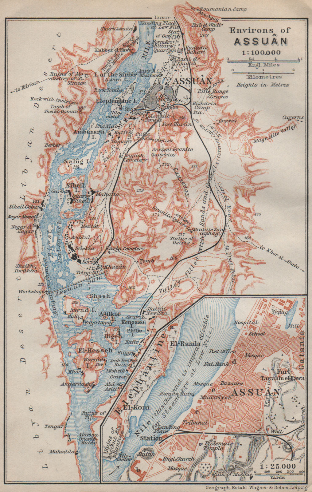 ASWAN ENVIRONS and antique town city plan. Assuan. Egypt. BAEDEKER 1914 map