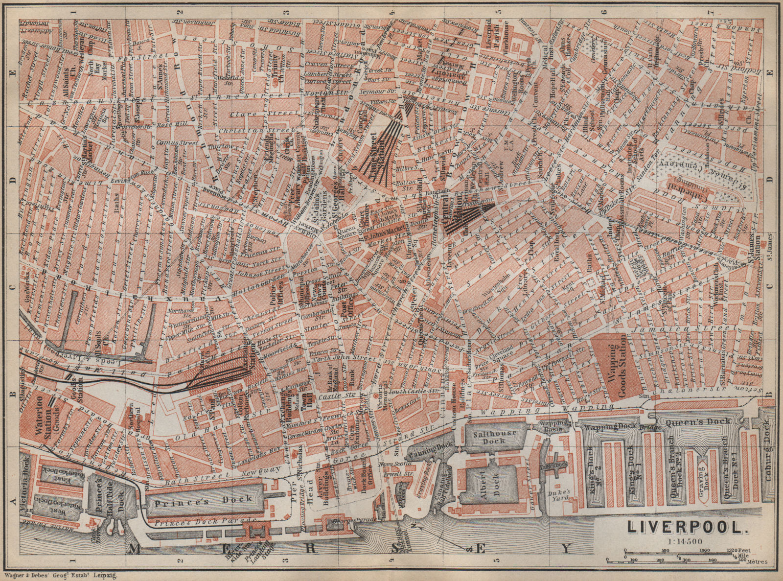 LIVERPOOL CITY CENTRE antique town plan. BAEDEKER 1910 old map chart