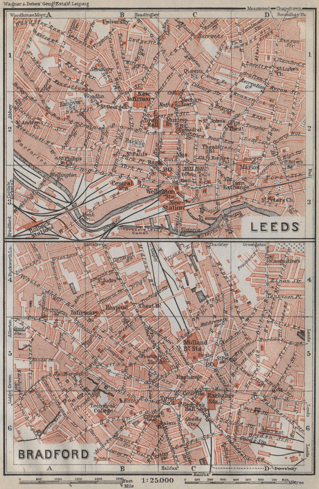 Associate Product LEEDS & BRADFORD antique town city centre plans. Yorkshire. BAEDEKER 1910 map