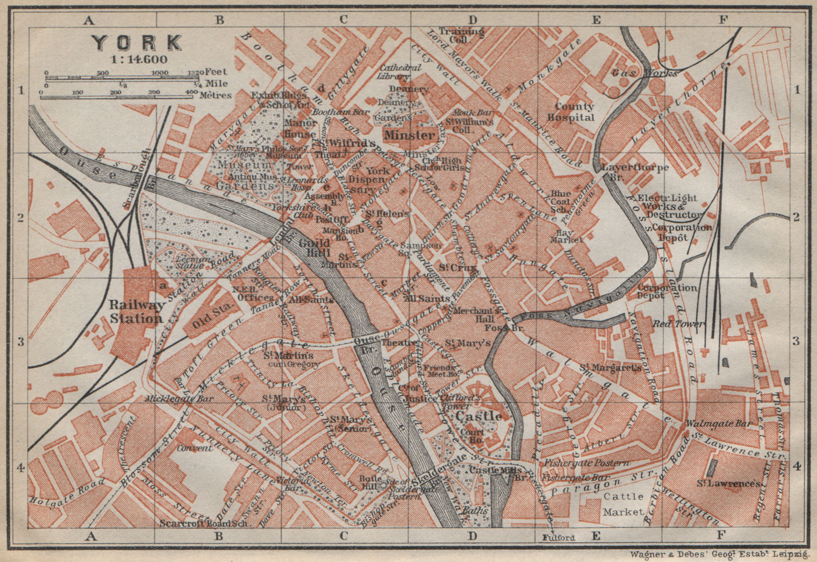 YORK antique town city centre plan. Yorkshire. BAEDEKER 1910 old map