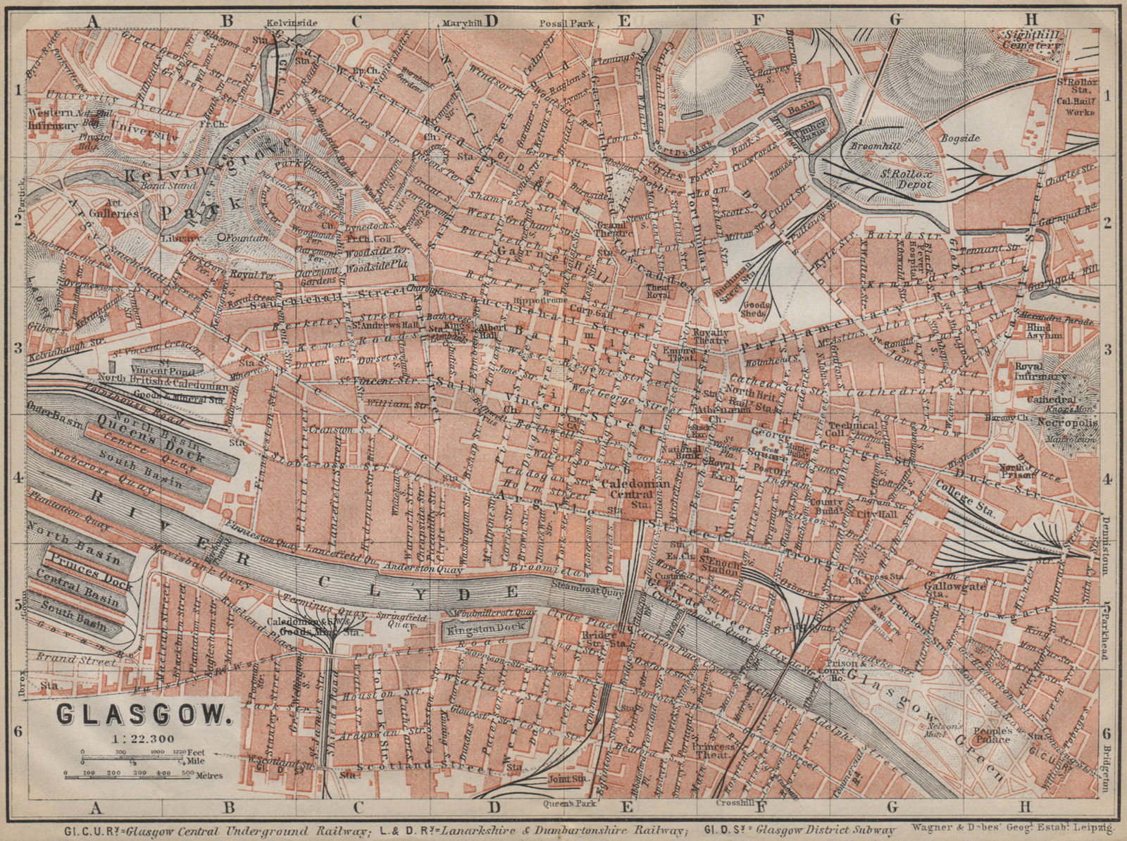 GLASGOW antique town city centre plan. Scotland. BAEDEKER 1910 old map