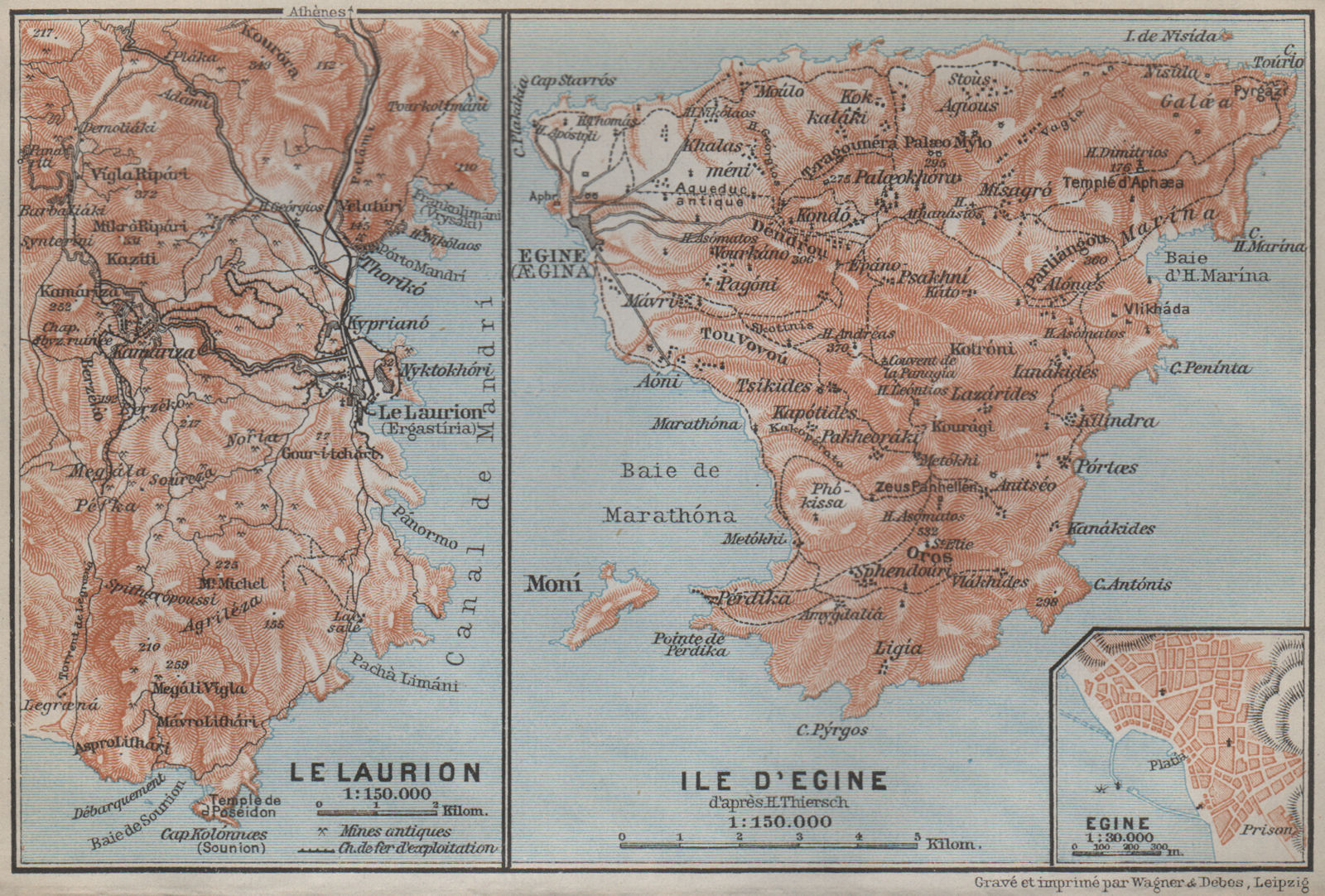 AEGINA island & LAURIUM / LAVRIO. Egina plan. Topo-map. Greece 1909 old