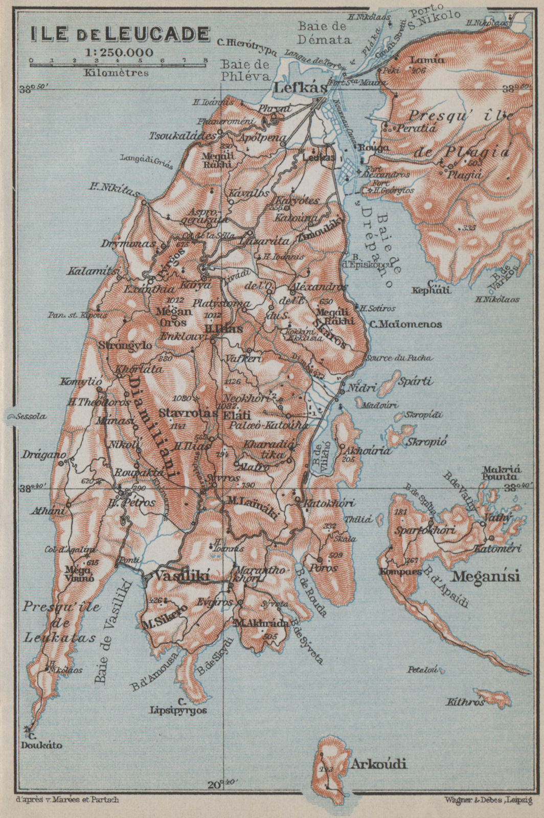 LEFKADA / LEUCAS / LEUCADIA island. Meganisi Arkoudi. Topo-map. Greece 1909